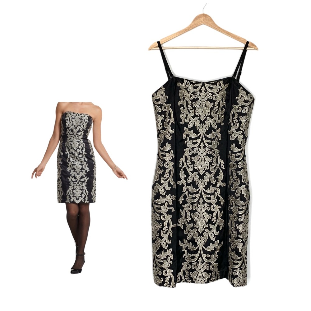 White House Black Market Strapless Dress Black Embroidered Satin Size 12 NWT